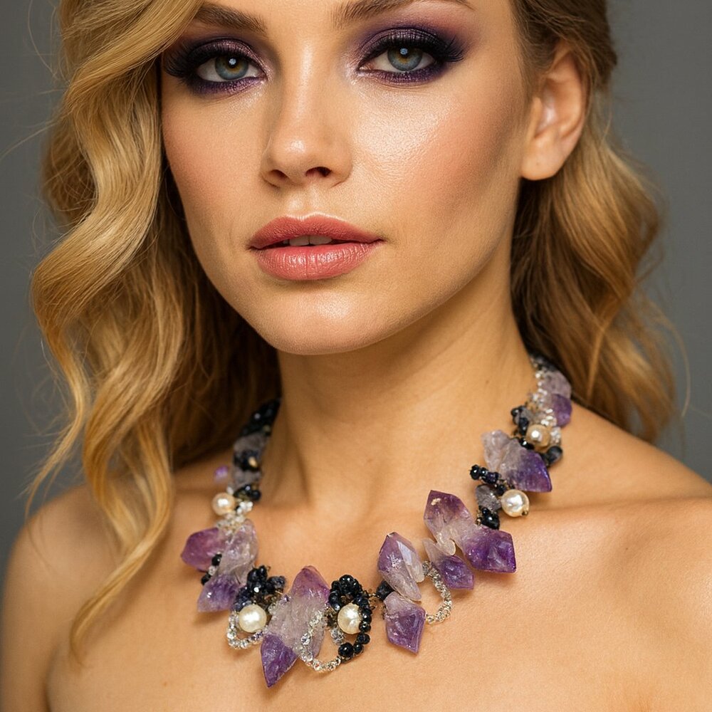 ROUGH AMETHYST CRYSTALS FRESHWATER PEARLS NECKLACE WITH MAGNET CLOSURE (19.5 in)